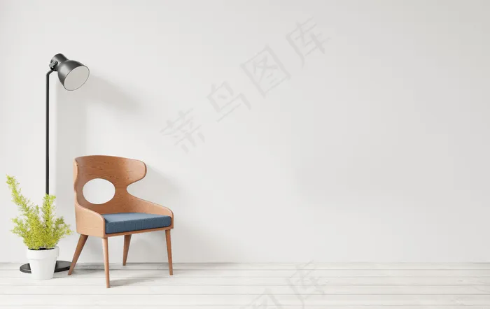 室内有白墙木椅和木地板，灯空墙背景
