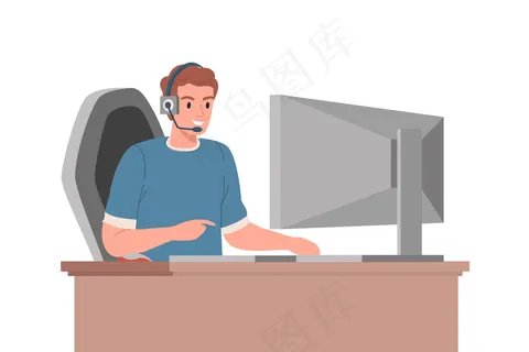 这家伙和他的对手在网上玩电脑游戏。卡通矢量