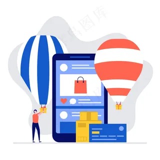 社交媒体购物插图概念与人物和手机或智能手机。