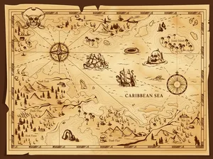 旧海盗地图，破旧的羊皮纸