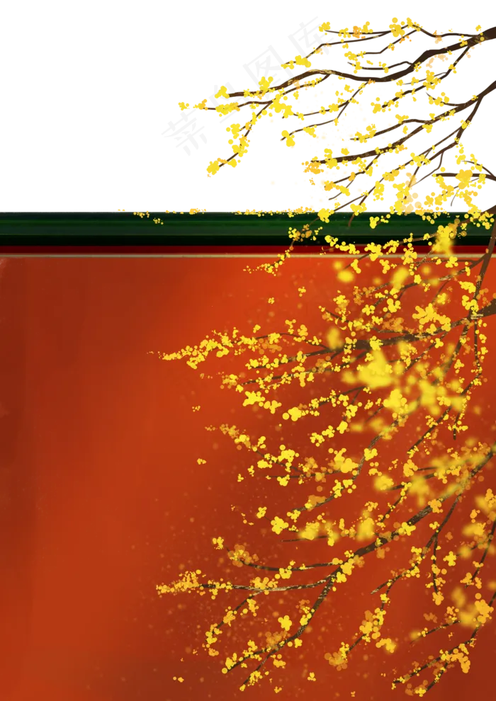 手绘古风红墙迎春花(2480X3508(DPI:300))psd模版下载