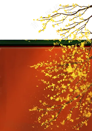 手绘古风红墙迎春花