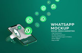 带有手机屏幕模型样机和扩音器的3d whatsapp图标