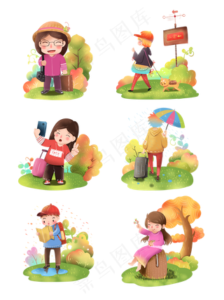 人物旅游创意小清新插图国庆节旅