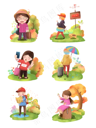 人物旅游创意小清新插图国庆节旅