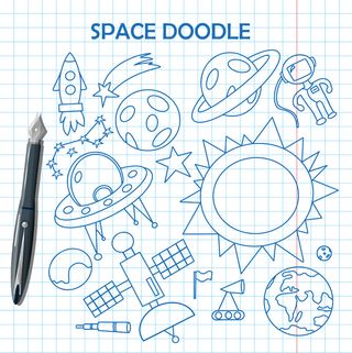 涂鸦空间插图与火箭宇航员行星和外星人可爱的儿童矢量绘图