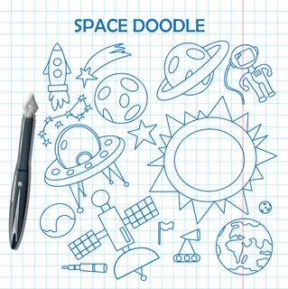 涂鸦空间插图与火箭宇航员行星和外星人可爱的儿童矢量绘图 涂鸦空间插图与火箭宇航员行星和外星人可爱的儿童矢量绘图