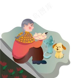 立冬卡通手绘风暖色系喂流浪猫狗