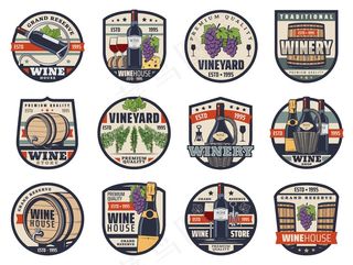 葡萄酒、酿酒和葡萄栽培图标集