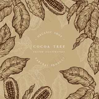 可可豆树模板。雕刻式插图。巧克力可可豆。插图