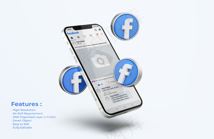带有3d图标的手机模型样机上的Facebookpsd模版下载