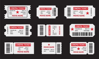 电影票已定。电影、音乐会、剧院、节日等带有条形码的红白票模板。