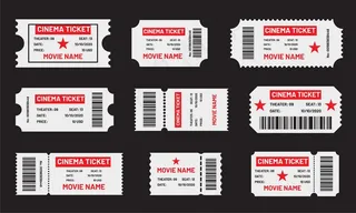 电影票已定。电影、音乐会、剧院、节日等带有条形码的红白票模板。