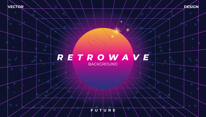 Retrowave赛博霓虹背景景观80年代风格。eps,ai矢量模版下载