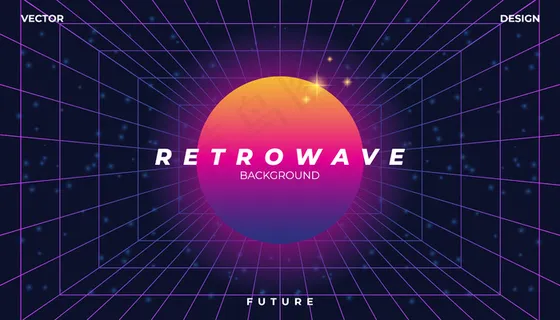 Retrowave赛博霓虹背景景观80年代风格。