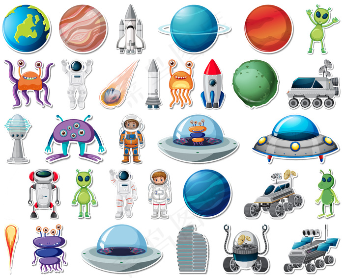 一组带有隔离的太阳能系统对象的贴纸