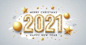 金色霓虹灯，新年快乐和圣诞快乐的讯息设计与明星，球，丝带白色刷背景