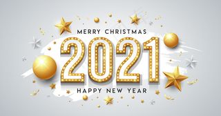 金色霓虹灯，新年快乐和圣诞快乐的讯息设计与明星，球，丝带白色刷背景