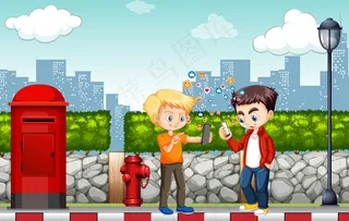 男孩们在城市背景下使用带有社交媒体图标主题的智能手机