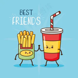 快乐卡瓦伊，薯条和苏打水玻璃，食品设计，插图