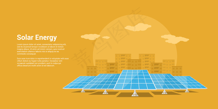 太阳能电池图片以山城剪影为背景，格调可再生太阳能概念