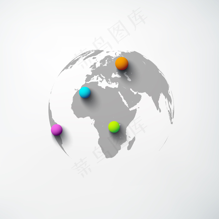 Web抽象世界模板，带有球形和白色隔离带上的彩色圆形插针