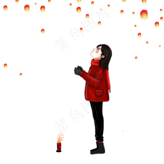 春节新年孔明灯红色衣服女孩手绘