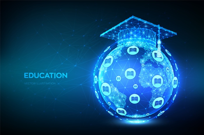 地球模型样机地图上的低多边形刻度帽。e-learning概念。eps,ai矢量模版下载