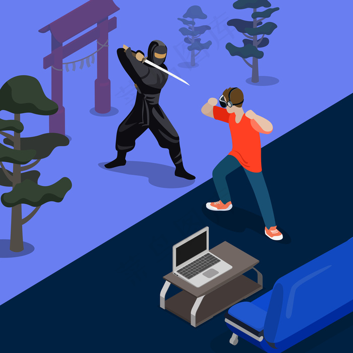 卡通忍者战斗游戏截屏概念插图。等距三维平面风格玩电子游戏截图。与武士徒手搏斗的人。沙发笔记本电脑地毯房自然背景。eps,ai矢量模版下载