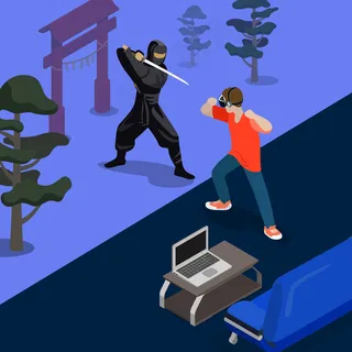 卡通忍者战斗游戏截屏概念插图。等距三维平面风格玩电子游戏截图。与武士徒手搏斗的人。沙发笔记本电脑地毯房自然背景。 卡通忍者战斗游戏截屏概念插图。等距三维平面风格玩电子游戏截图。与武士徒手搏斗的人。沙发笔记本电脑地毯房自然背景。