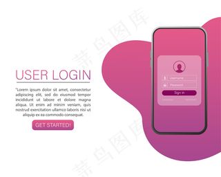 用户登录智能手机网站。应用程序app页用户界面。电话、手机、智能手机，。设备屏幕。商业图标。