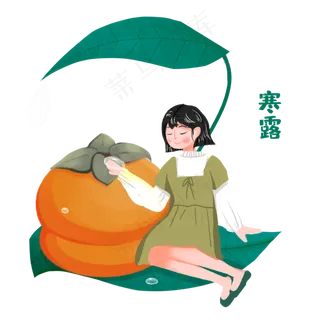 寒露柿子绿叶女生素材