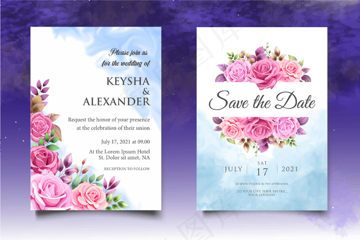 美丽的手绘花卉婚礼请柬模板