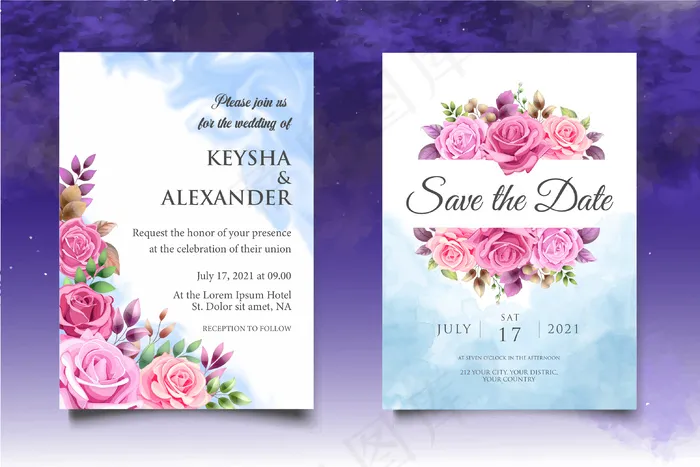 美丽的手绘花卉婚礼请柬模板eps,ai矢量模版下载