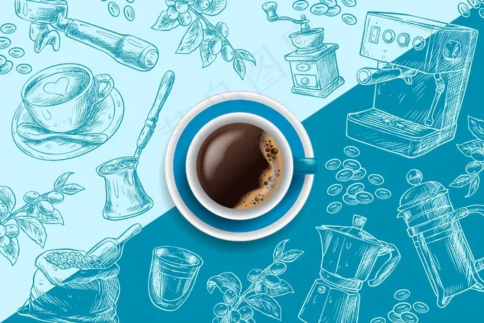 蓝色手绘背景的浓缩咖啡杯eps,ai矢量模版下载