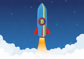 比特币加密货币概念。带着比特币图标的火箭飞向月球。加密市场正在崛起。