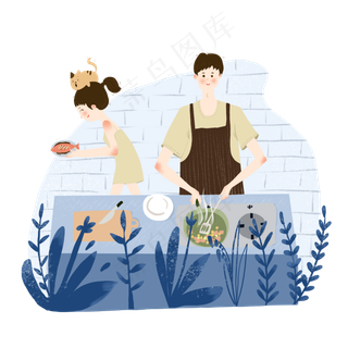 七夕节人物蓝色系情侣厨房做饭手