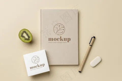 带猕猴桃和钢笔的纸质文具俯视图