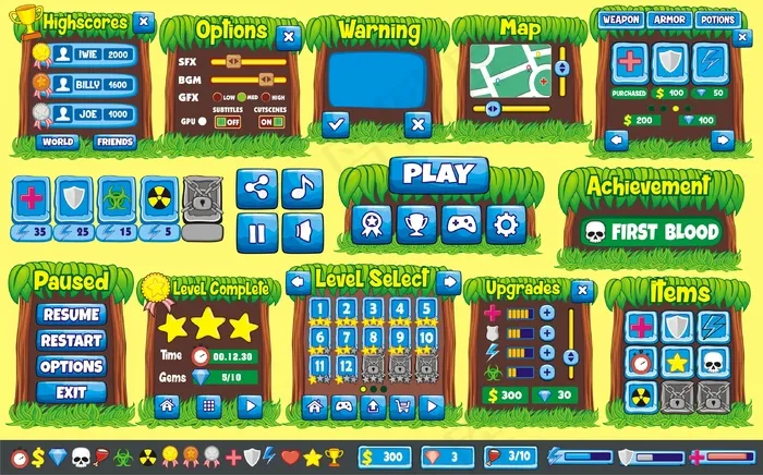界面游戏设计。创建2d游戏所需的所有屏幕eps,ai矢量模版下载
