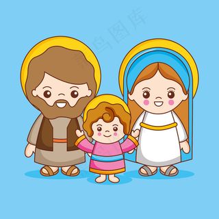 圣约瑟夫与圣母玛利亚和孩子耶稣。神圣的家庭，卡通插图