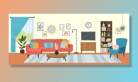 客厅内部。舒适的沙发、电视、窗户、椅子和室内植物。