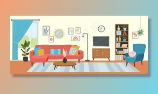 客厅内部。舒适的沙发、电视、窗户、椅子和室内植物。