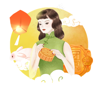 中秋古风吃月饼女子png素材