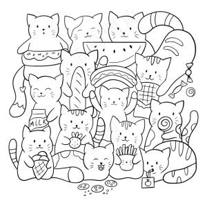 儿童和成人涂鸦彩页。可爱的卡瓦伊猫带着食物和糖果。黑白插图。