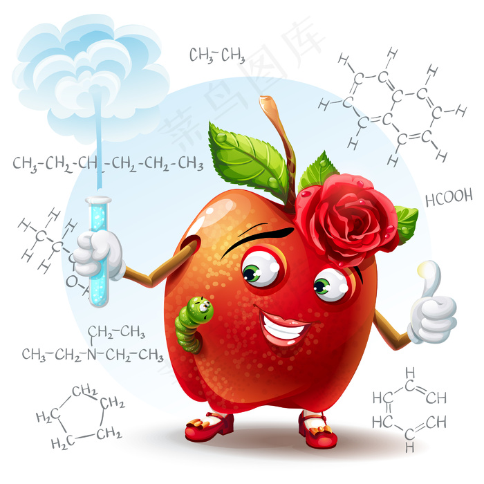 学校美丽的苹果与蠕虫和试管的插图与化学公式在手的背景。