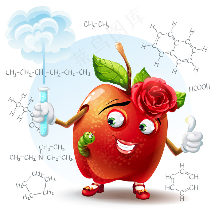 学校美丽的苹果与蠕虫和试管的插图与化学公式在手的背景。eps,ai矢量模版下载