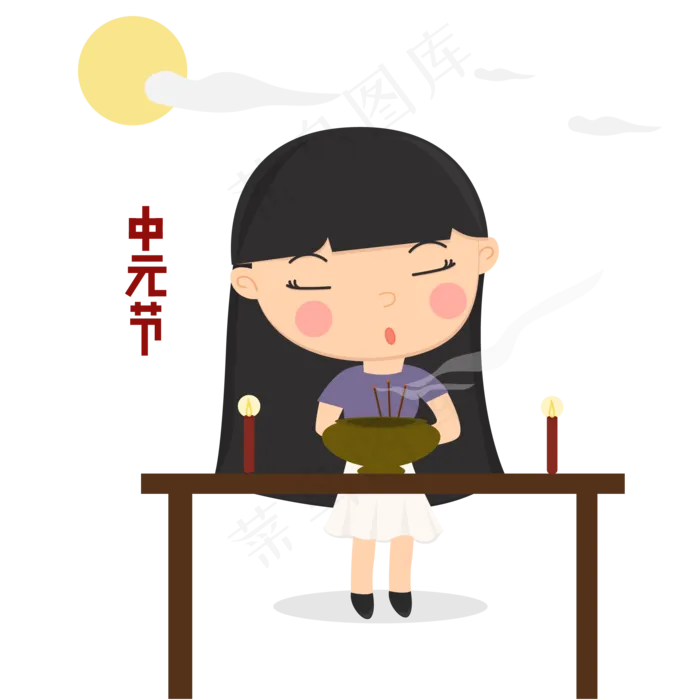 扁平风中元节夜晚女性祭拜祖先上ai矢量模版下载