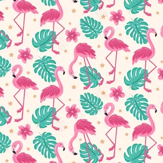 带热带叶子的粉红色火烈鸟图案