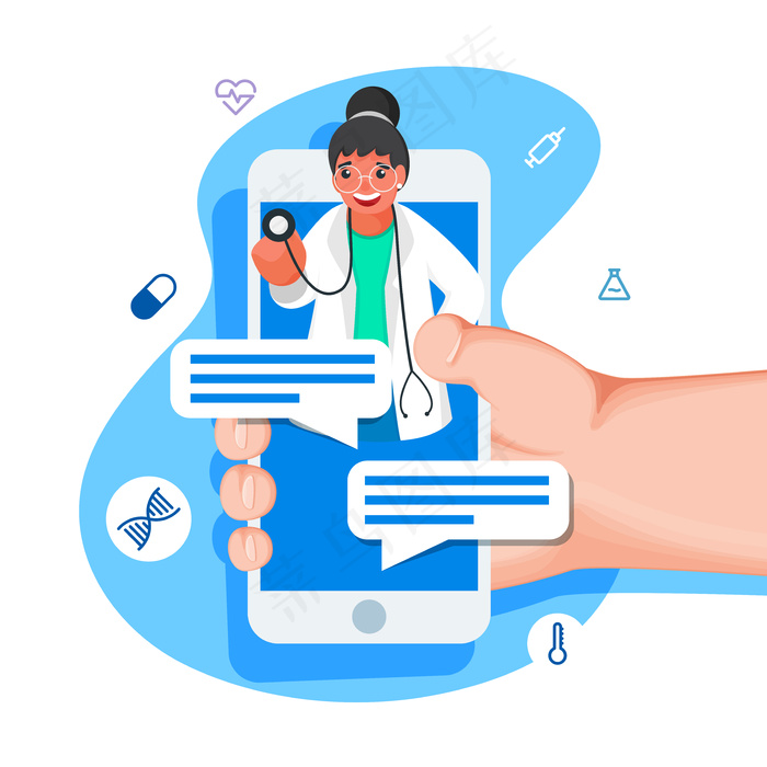人类在线聊天的智能手机从医生女孩与医学元素的蓝色和白色背景。