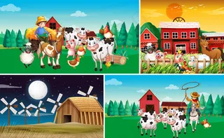 动物农场卡通风格的不同农场场景集